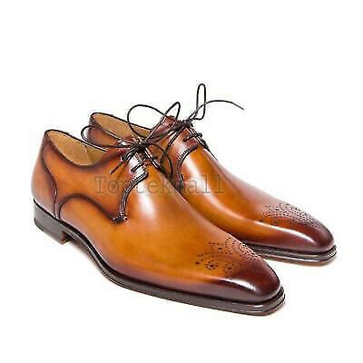 Handmade Men's Leather Oxfords Wingtip Formal Tan Derby Brogue Dress Shoes-57