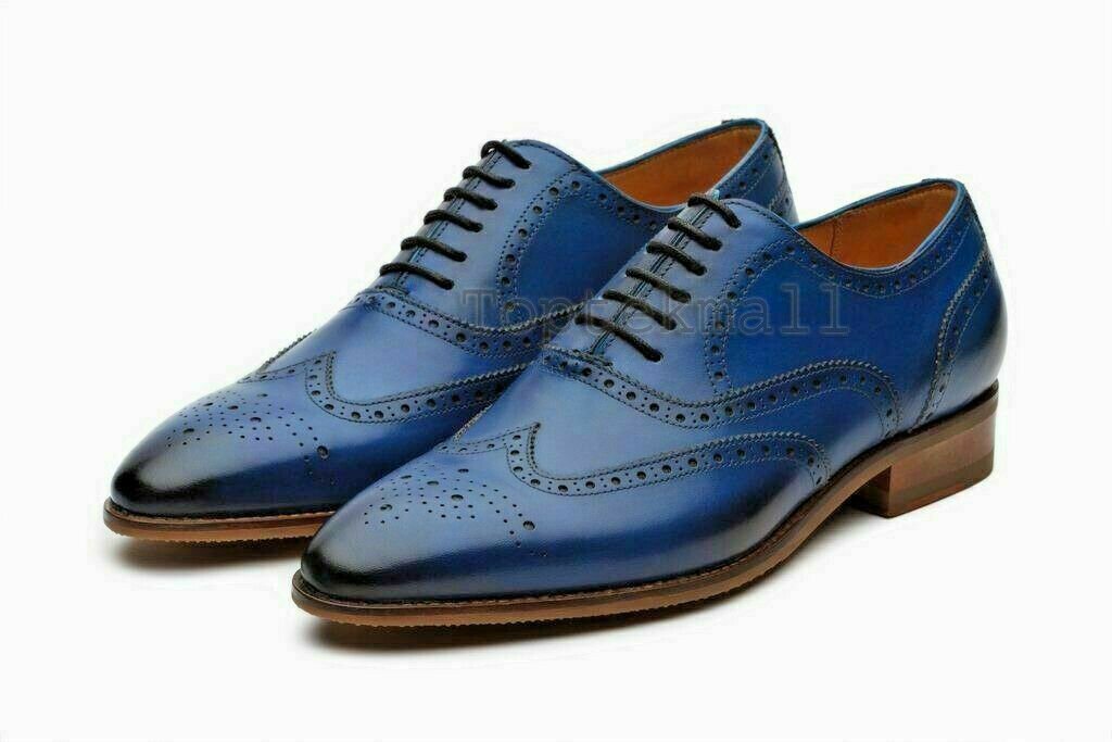 Handmade Men's Leather Oxfords Wingtip Blue Brogue Fashion Lace Up Shoes-100