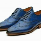 Handmade Men's Leather Oxfords Wingtip Blue Brogue Fashion Lace Up Shoes-100