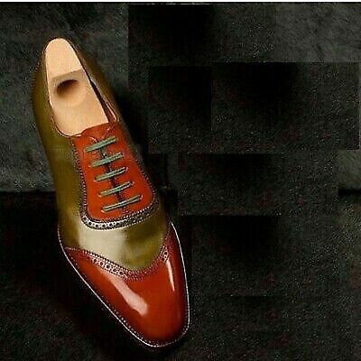 Handmade Men's Leather Classic Two Tone Green Brown Fashion Oxford Shoes-370