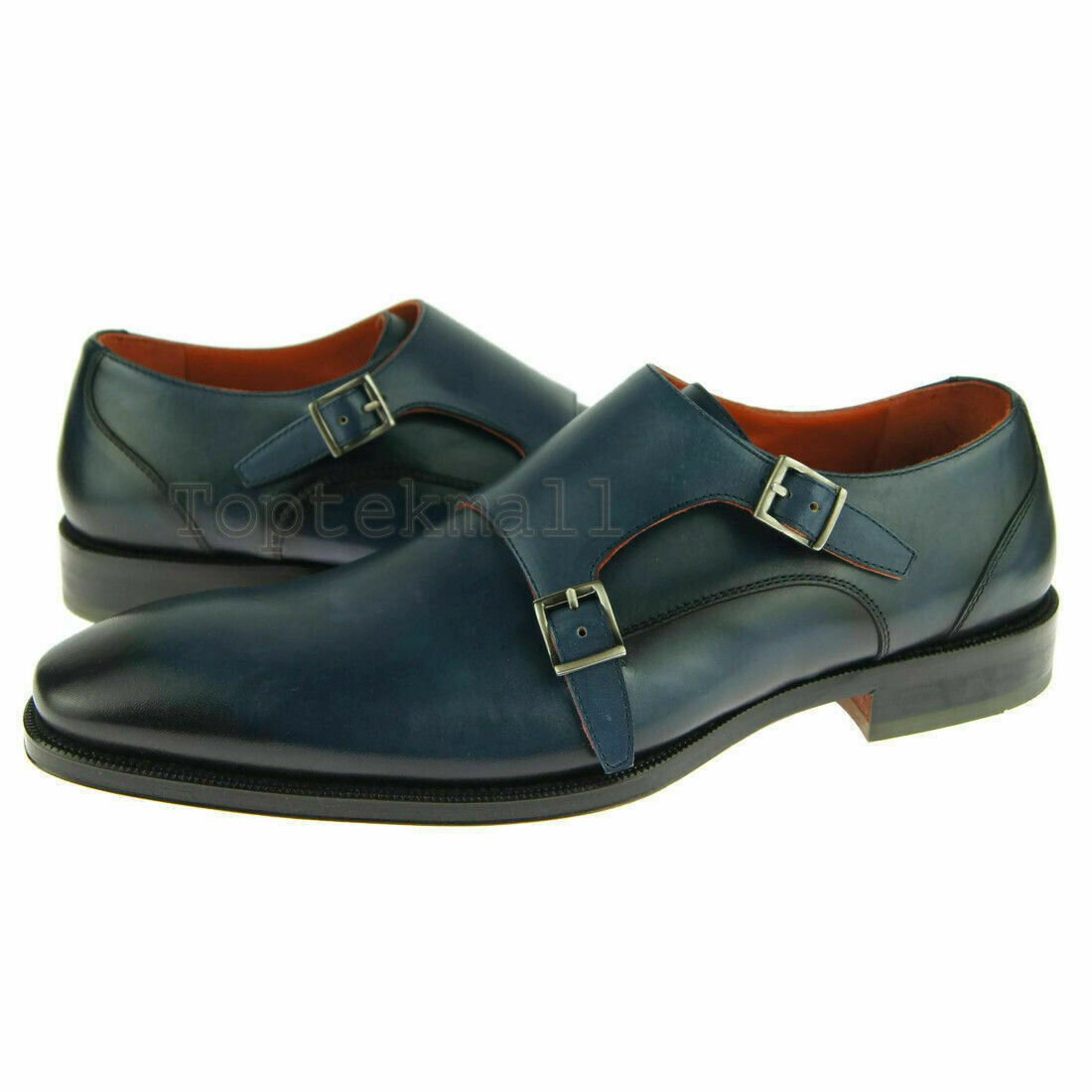 Handmade Men's Leather Toe Blue Color Magnificent Double Monk Straps Shoes-192