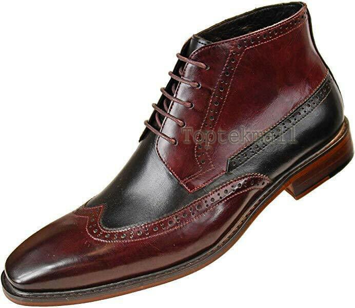 Handmade Men's Leather Two Tone Brown Black High Ankle Derby Premium Boots-556