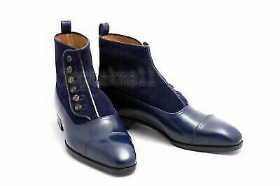 Handmade Men's Leather New FORMAL BUTTON NAVY BLUE ANKLE CAP TOE Boots-649