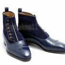 Handmade Men's Leather New FORMAL BUTTON NAVY BLUE ANKLE CAP TOE Boots-649