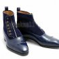 Handmade Men's Leather New FORMAL BUTTON NAVY BLUE ANKLE CAP TOE Boots-649