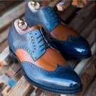 Handmade Men's Leather Oxford Blue Brown Cont Brogue Toe Wing Tip Shoes-252
