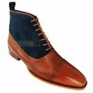 Handmade Men's Leather New Two Tone Tan And Blue Oxford Ankle High Boots-547