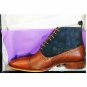 Handmade Men's Leather New Two Tone Tan And Blue Oxford Ankle High Boots-547