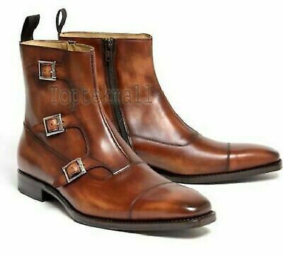 Handmade Men's Leather Brown Leather Triple Monk Cap Tow Side Zipper Boots-599