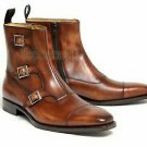 Handmade Men's Leather Brown Leather Triple Monk Cap Tow Side Zipper Boots-599