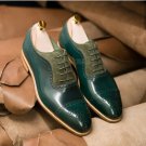 Handmade Men's Leather Suede Oxford Cap Toe Dress Brogue Lace Up Green Shoes-795