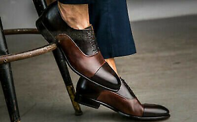 Handmade Men's Leather Two Tone Brown & Dark Brown Oxford Toe Cap Shoes-653