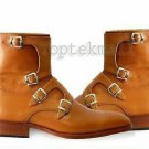 Handmade Men's Leather Tan Brown Tetra Monk Straps Half Long Dress Boots-725