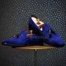 Handmade Men's Leather Dress Blue Color Suede Tussles Slip On Loafer Shoes-366