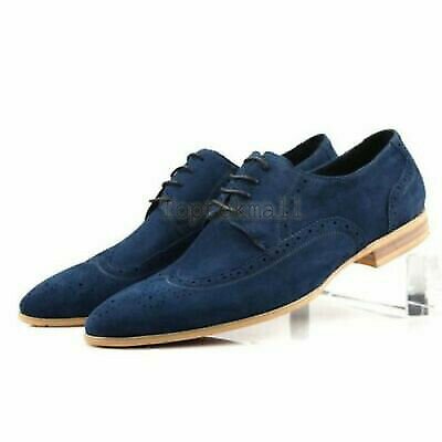 Handmade Men's Leather Blue Suede Oxford Brogue Wingtip Dress Classic Shoes-95