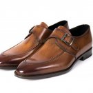 Handmade Men's Premium Leather Brown Rounded Toe Formal Buckle Monk Shoes-9