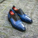 Handmade Men's Leather Blue & Black Leather Oxford Patina Toe Cap Shoes-39