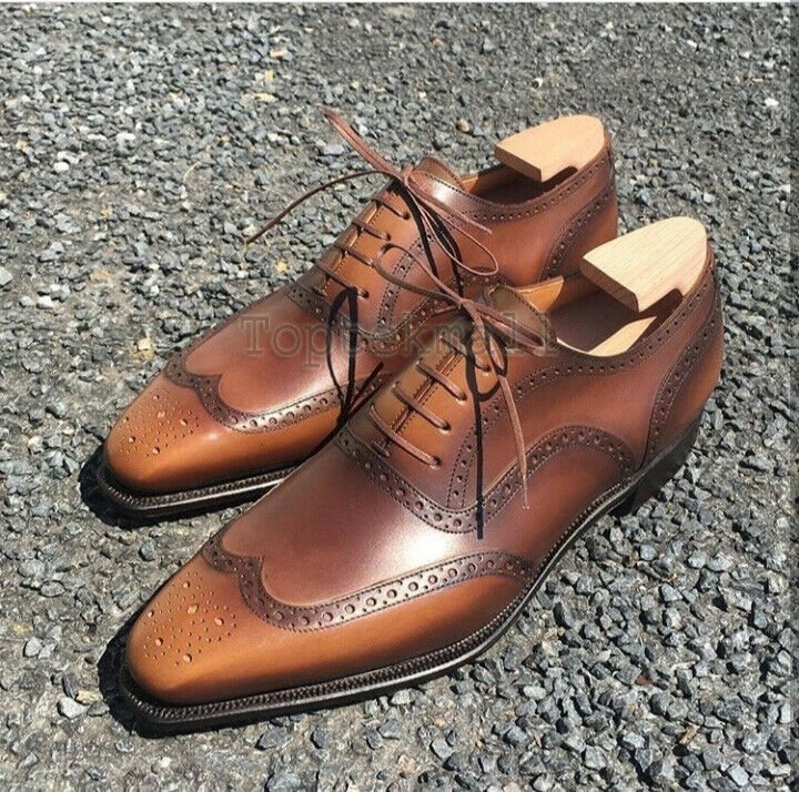 Handmade Men's Leather Oxfords Brown Round Toe Wingtip  Dress Formal Shoes-98