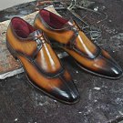 Handmade Men's Leather Tan Color Formal Dress Classical Burnished Toe Shoes-201