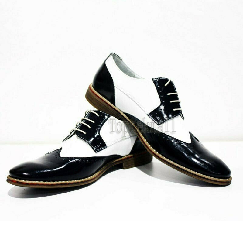 Handmade Men's Leather Oxfords Two Tone White Black Magnificent  Plain Shoes-215