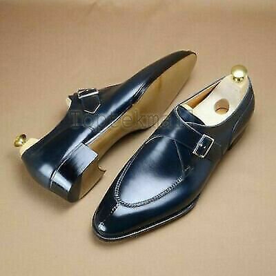Handmade Men's Leather Single Monk Blue formal Dress Formal Stylish Shoes-409