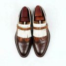 Handmade Men's Leather Three Tone Monk Straps Tan Brown Brogue Formal Shoes-43