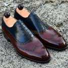 Handmade Men's Leather Fancy Burgundy Navy Blue Dress Lace Up Wing Tip Shoes-232
