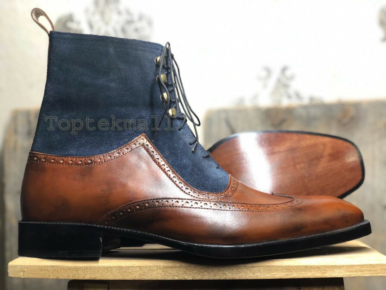 Handmade Men&acirc;��s Leather & Suede Brown Blue Wing Tip Lace Up Ankle High Boots-713