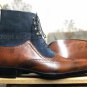 Handmade Men’s Leather & Suede Brown Blue Wing Tip Lace Up Ankle High Boots-713