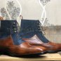 Handmade Men’s Leather & Suede Brown Blue Wing Tip Lace Up Ankle High Boots-713
