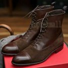 Handmade Men's Leather BROWN SUEDE LACES UP Stylish Formal Dress New BOOTS-722