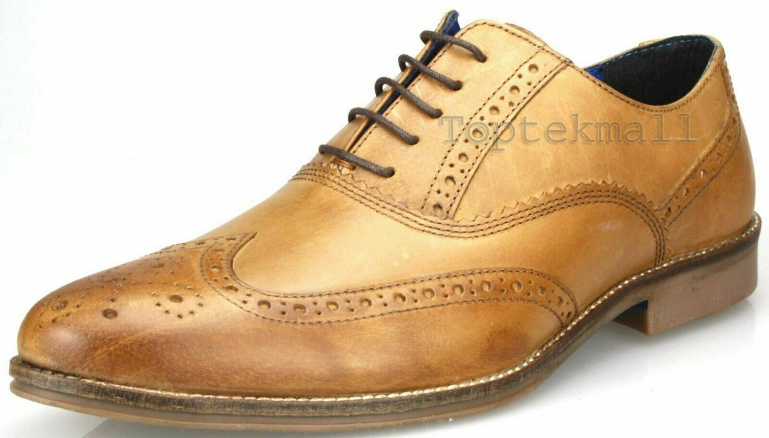 Handmade Men's Leather Oxfords Tan Brown Oxford Full Brogue Toe Wing Shoes-848