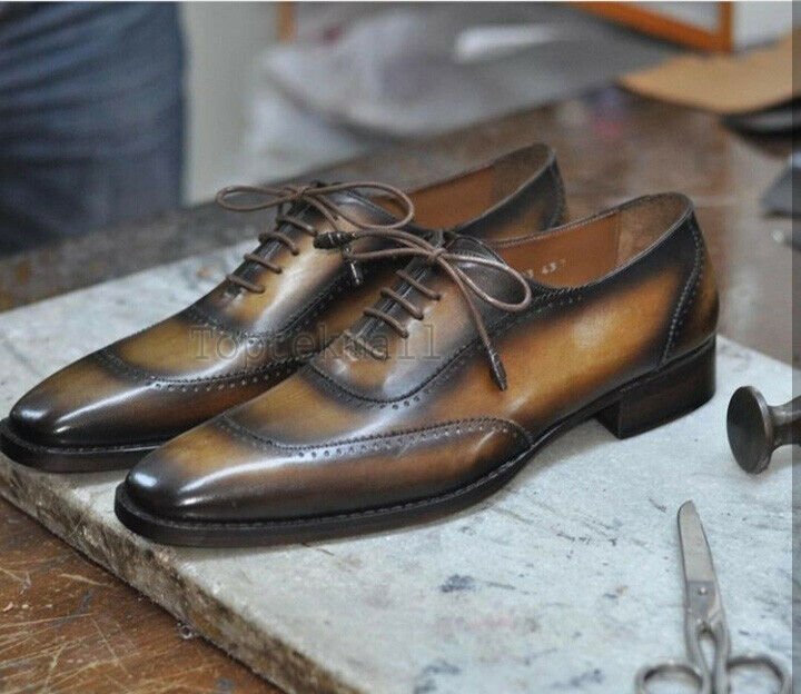 Handmade Men&acirc;��s Leather Oxfords Wingtip Tan Lace Up Dress Fashion Dress Shoes-249