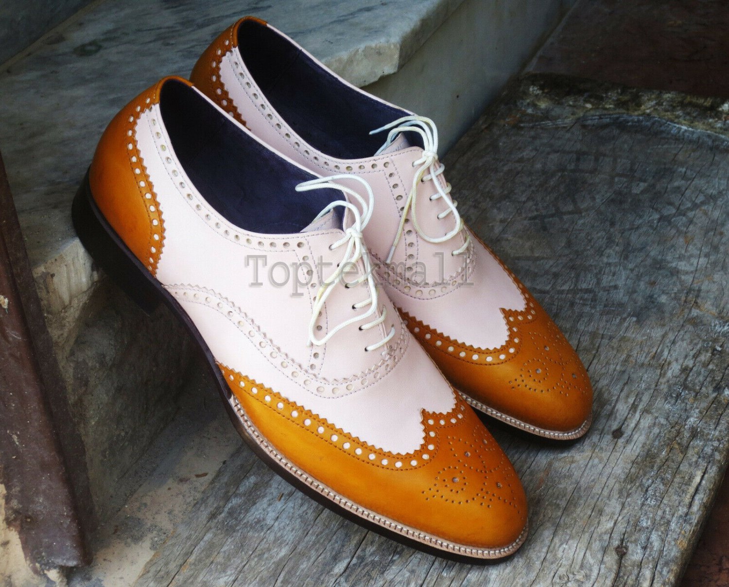Handmade Men's Leather Oxfords Two Tone Dress Lace-up Stylish Wingtip Shoes-263