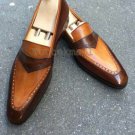 Handmade Men's Leather Loafers Slip Ons Brown and Tan Fashion Dress Shoes-405
