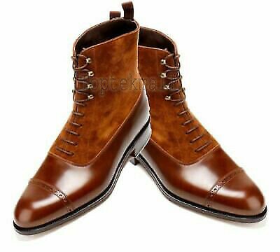 Handmade Men's Leather Tan Ankle Two Tone Cap Toe High Ankle Stylish Boots-624