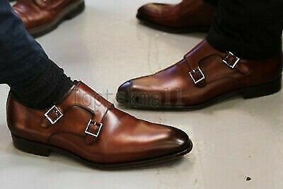 Handmade Men's Leather Double Monk Brown Dress shoes Pointed Toe Dress Shoes-656