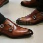 Handmade Men's Leather Double Monk Brown Dress shoes Pointed Toe Dress Shoes-656