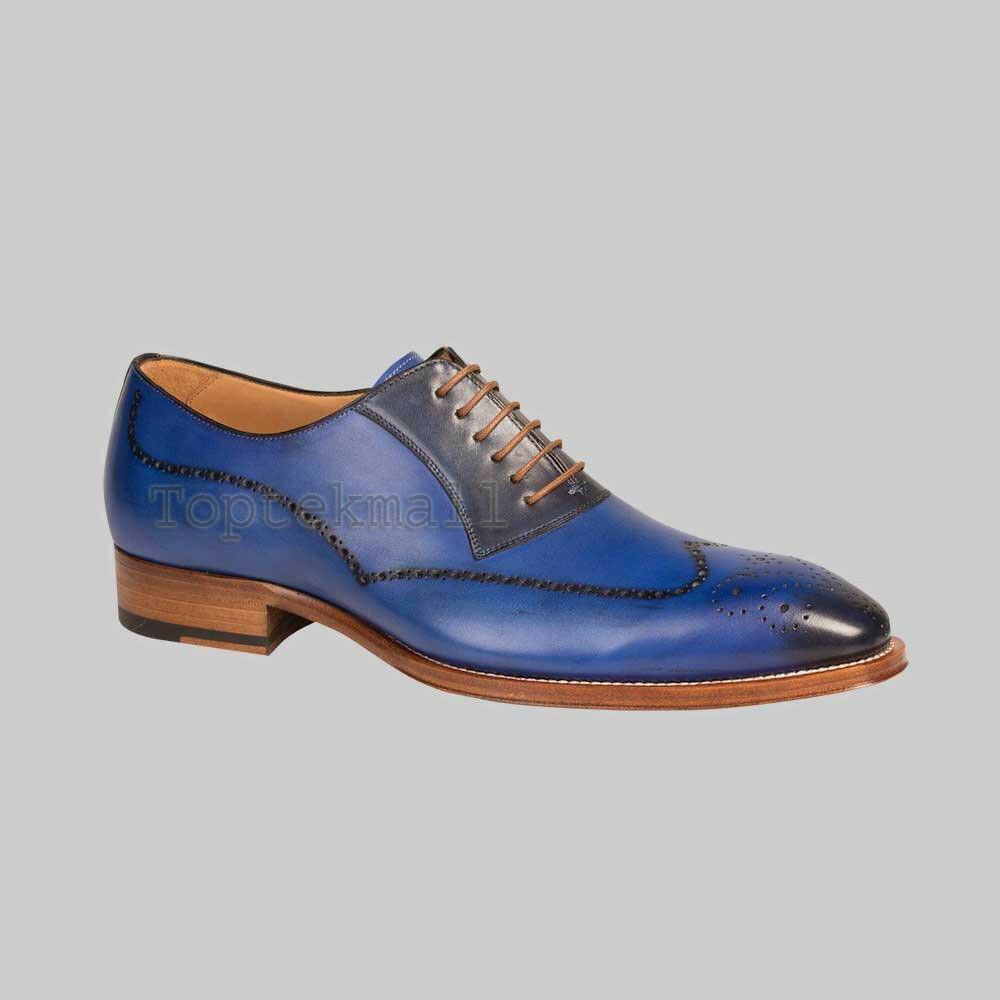 Handmade Men's Leather Oxfords Wingtip Electric Blue Dress New Fashion Shoes-86