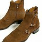 Handmade Men's Leather BROWN THREE BUCKLE SIDE ZIP HUNTER ANKLE BOOTS-726