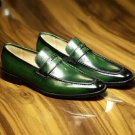 Handmade Men's Leather New Green Loafers Slip Ons Classic Unique Design Shoes-7
