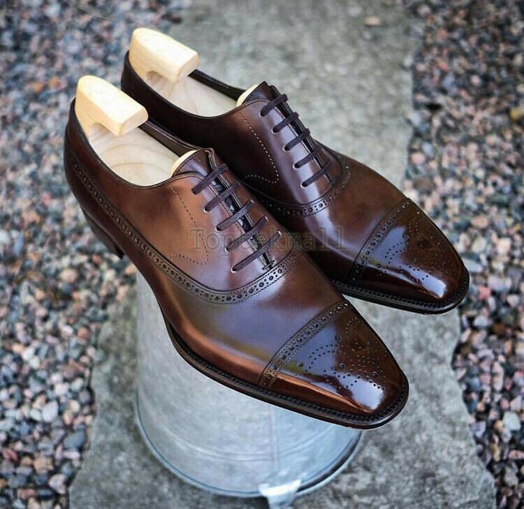 Handmade Men's Leather Oxfords Wingtip Brown lace up Stylish Dress New Shoes-180