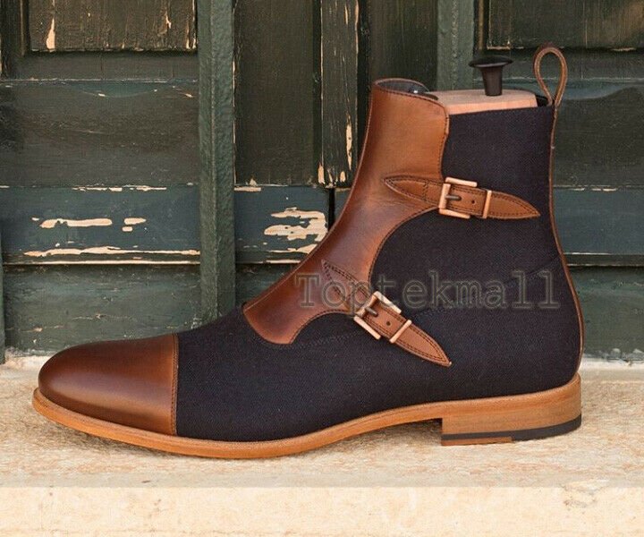 Handmade Men&acirc;��s Leather Two Tone Super Brown Black Monk Ankle High Boots-611