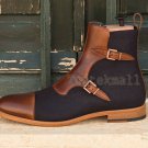 Handmade Men’s Leather Two Tone Super Brown Black Monk Ankle High Boots-611