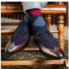 Handmade Men's New Leather Brown Navy Blue Suede Oxford Brogue Stylish Shoes-34