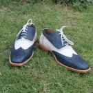 Handmade Men's Leather Blue and White Brogue Wing Tip Oxford Formal Shoes-150