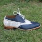 Handmade Men's Leather Blue and White Brogue Wing Tip Oxford Formal Shoes-150