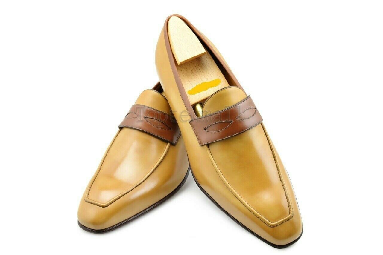 Handmade Men's Leather Formal New Original Tan Brown Loafers Slip Ons Shoes-464