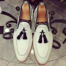 Handmade Men's Leather New White Color Loafer Slip Ons Tussles Fashion Shoes-242