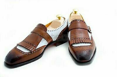 Handmade Men's Leather Two Tone Monk Brown & White Dress Casual Wear Shoes-131